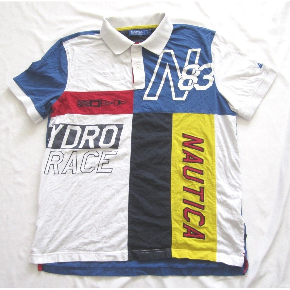 Nautica Blue Sail Mens Sz L Colorblock Hydro Race N83 Graphic Polo Shirt (M530)